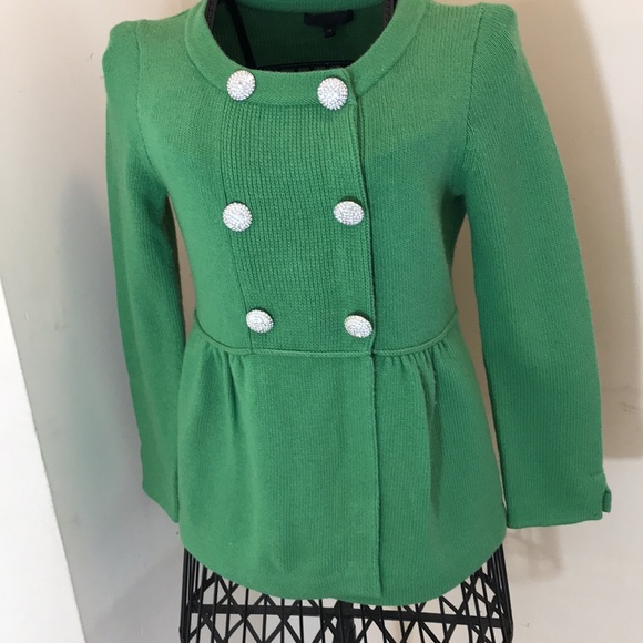 J.Crew Collection Green Cashmere-Blend Double-Breasted Sweater w/ Rhinestone But - Picture 2 of 15